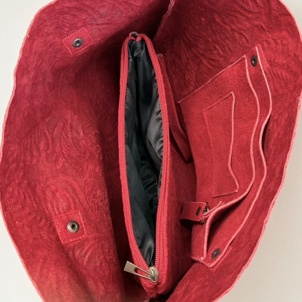 Handmade Womens Genuine Suede Leather Shoulder Tote Bag with Cosmetic Purse Red - Picture 5 of 9